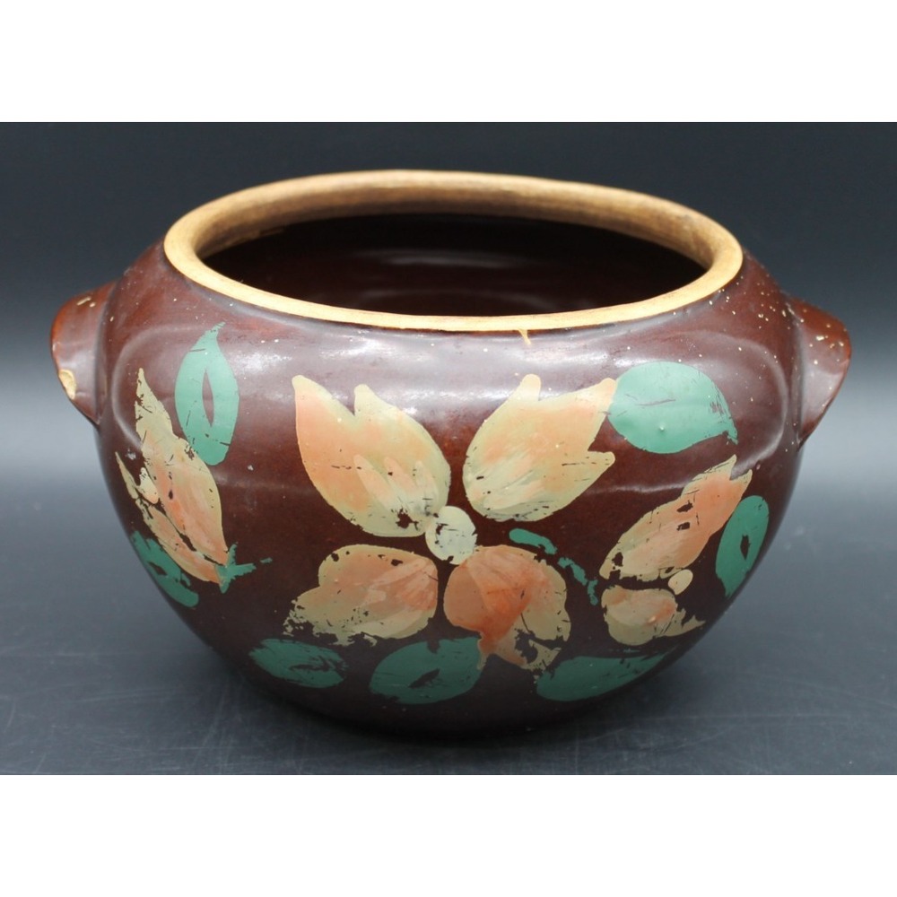 Vintage USA Pottery Brown Floral Bean Pot Crock 2 Handle Hand Painted Stoneware